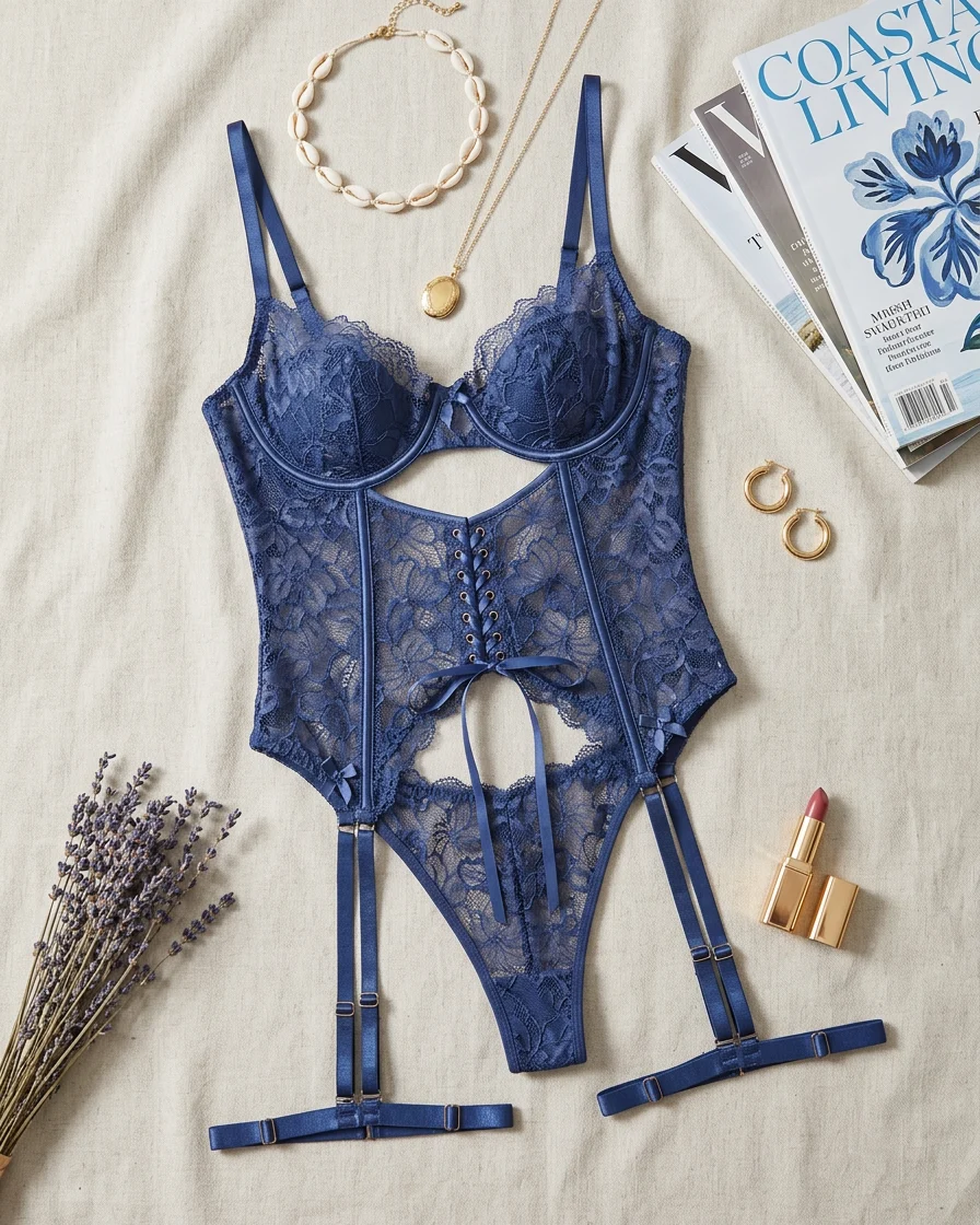Talk Is Cheap Midnight Blue Lace LingerieBasque Set with Leg Garters