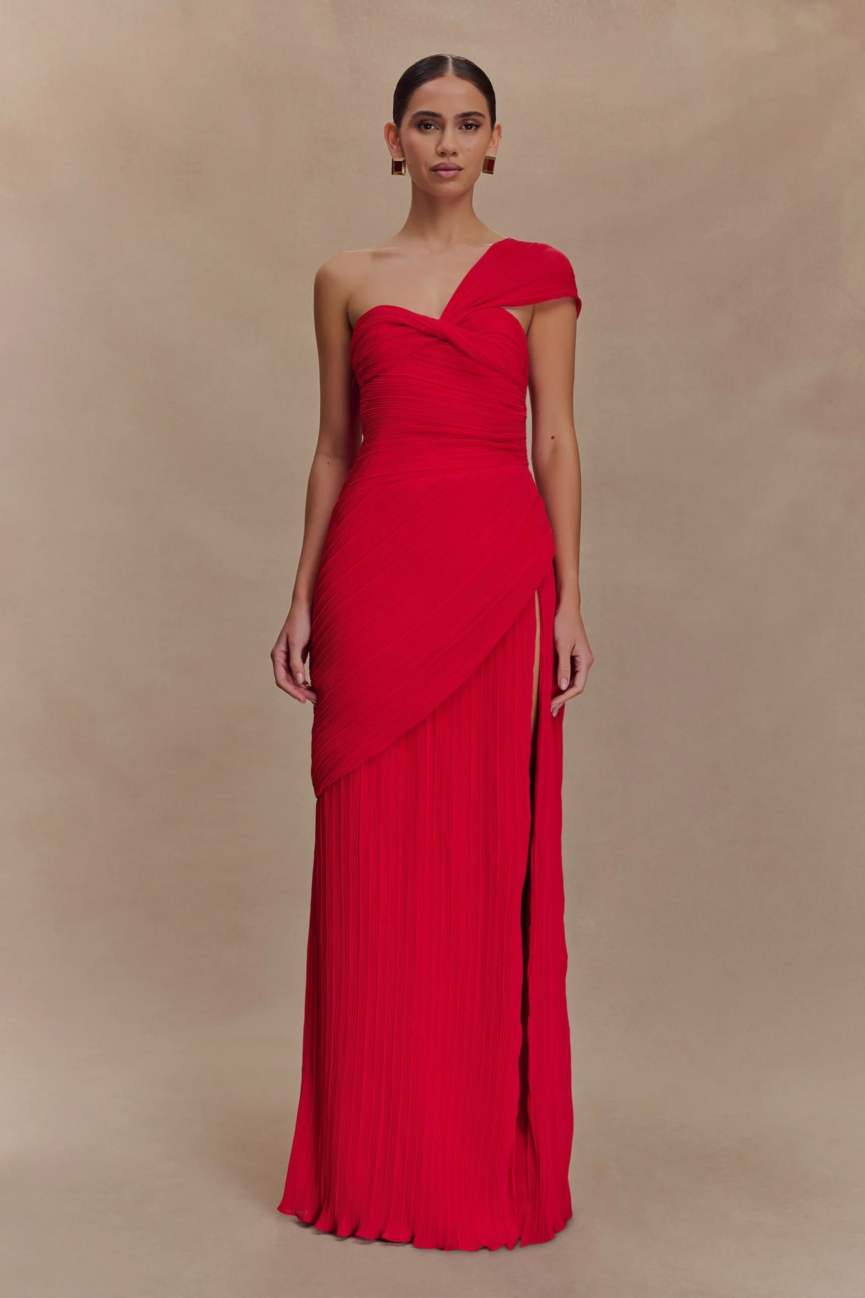 TamaraShirred Chiffon Midi Dress - Red