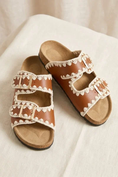 Tan Crochet Trim Double Buckle Slip-On Sandals - Stylin