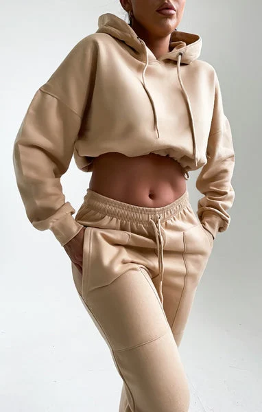 Tan Oversized Drawstring Hem Cropped Hoodie & High Waisted Joggers Loungewear Set - Zoey