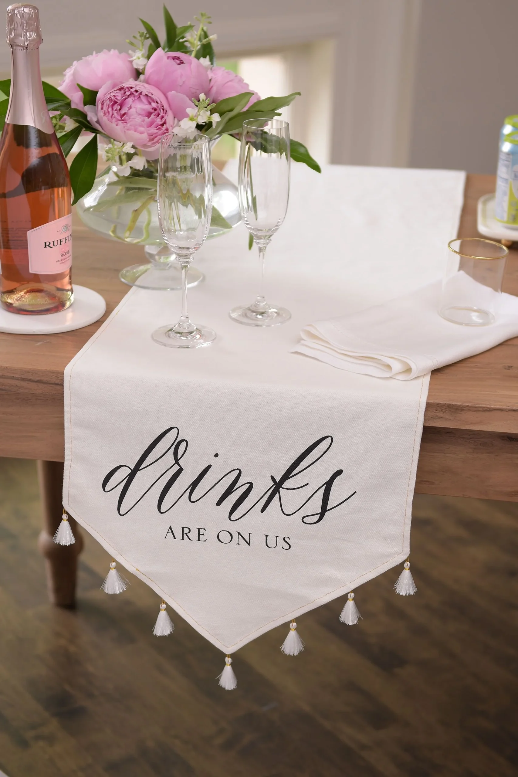 Tasseled Linen Drinks On Us Table Runner