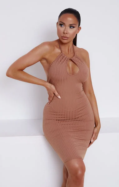 Taupe Ribbed Halter Neck Cut Out Bodycon Mini Dress - Amara