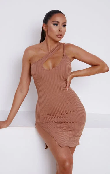 Taupe Ribbed One Shoulder Cut Out Bodycon Mini Dress - Lucia