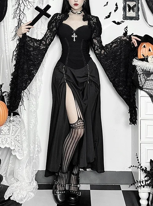 Temperament Black Slightly Transparent Lace Exaggerated Flared Long Sleeved Gothic Style Gorgeous Blouse Top