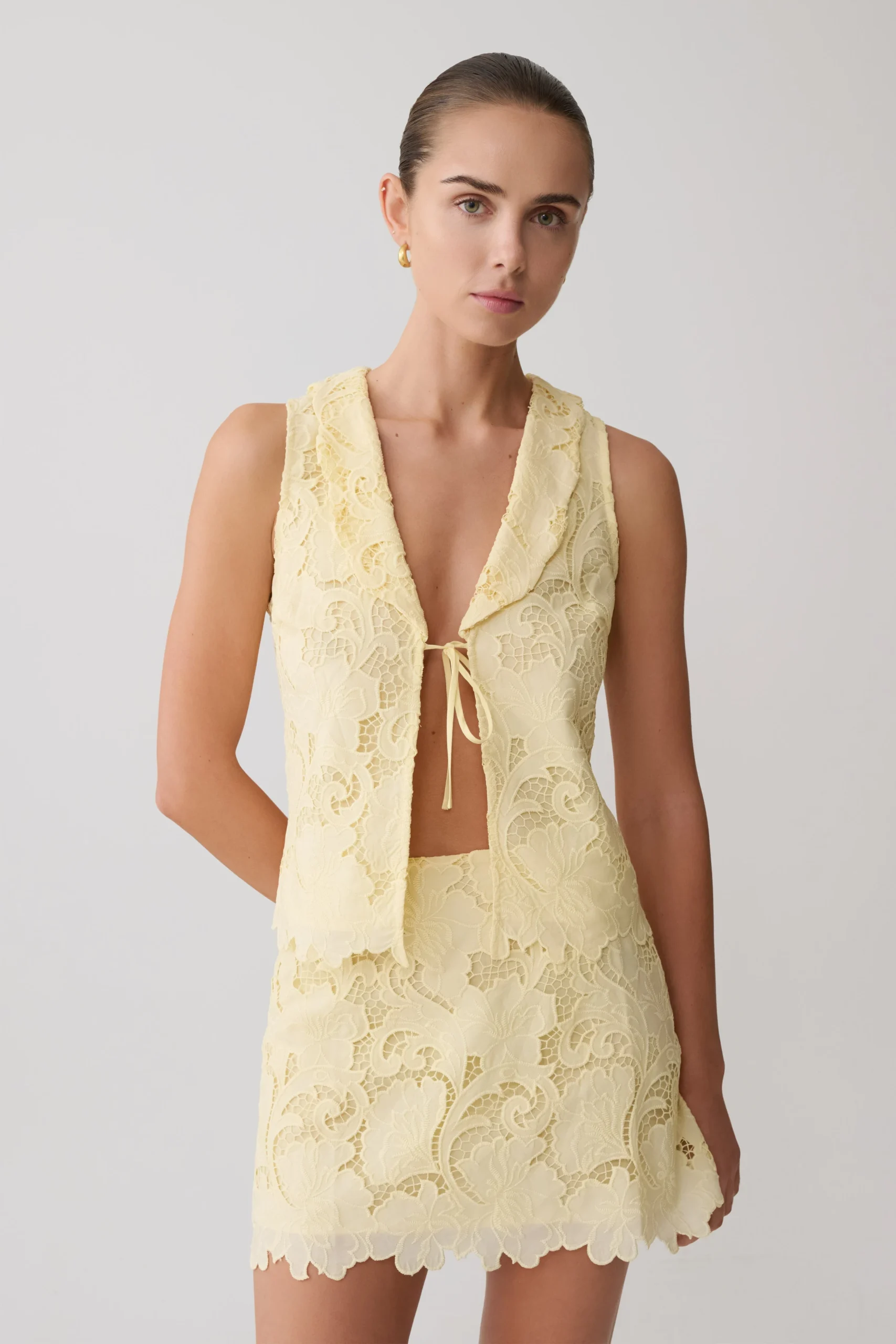 TessaBroderie Tie Front Sleeveless Top - Lemon