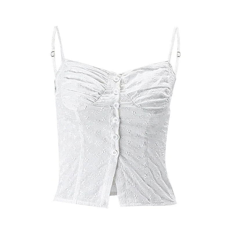 Textured pleated button slit solid backless cami top