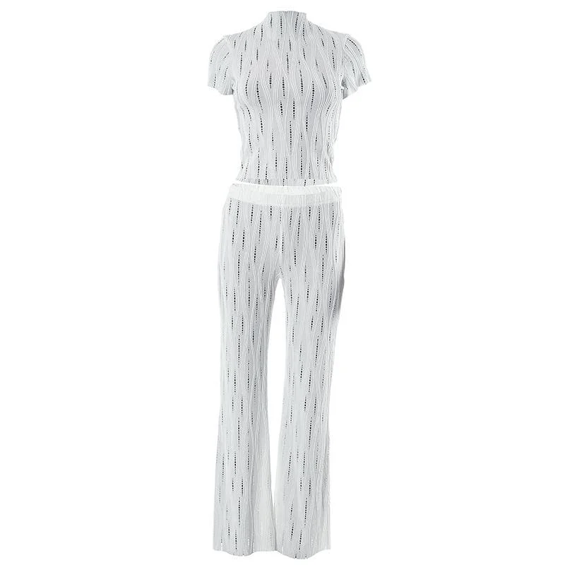 Textured solid hollow out short sleeve high neck pant set
