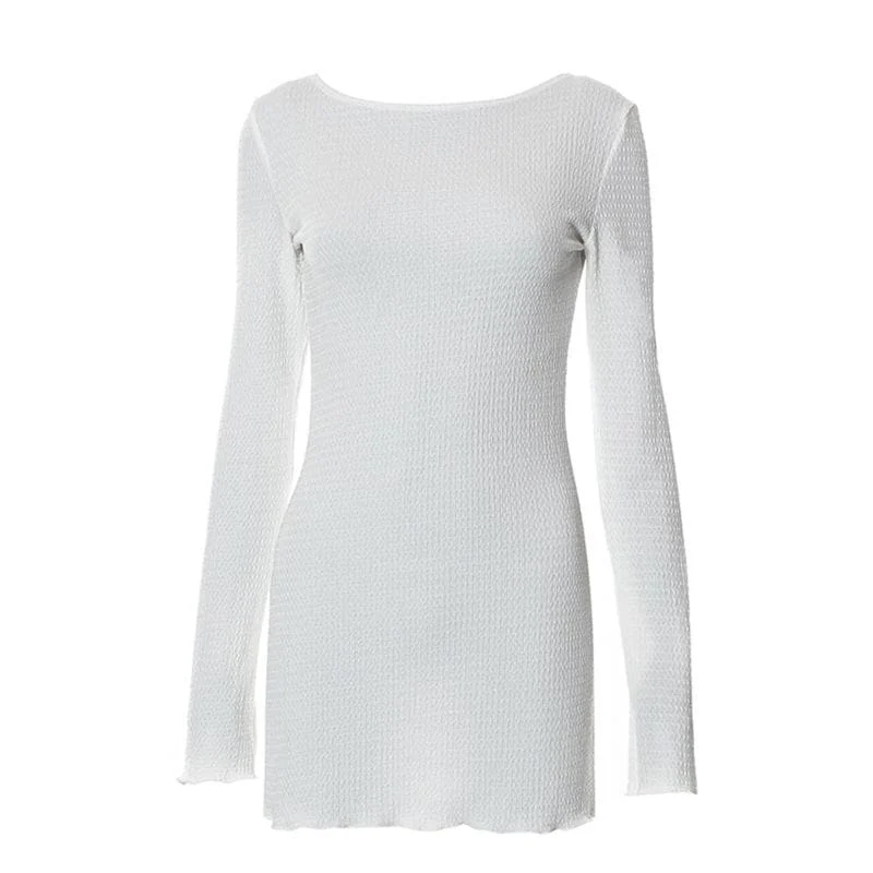 Textured solid self tie backless long sleeve ruffle mini dress