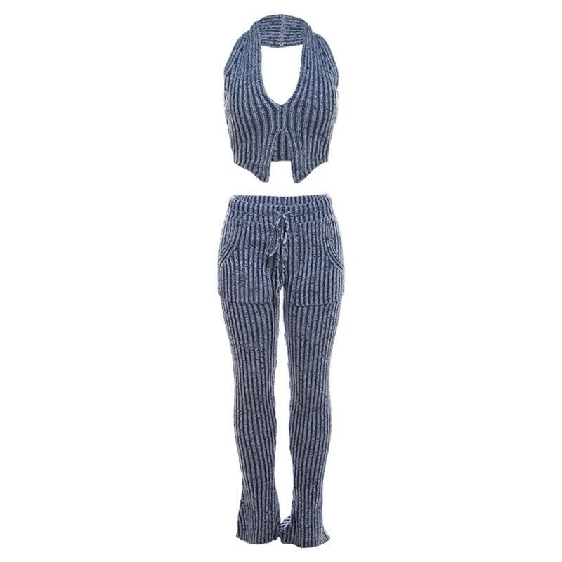 Textured striped contrast halter slit pocket v neck pant set