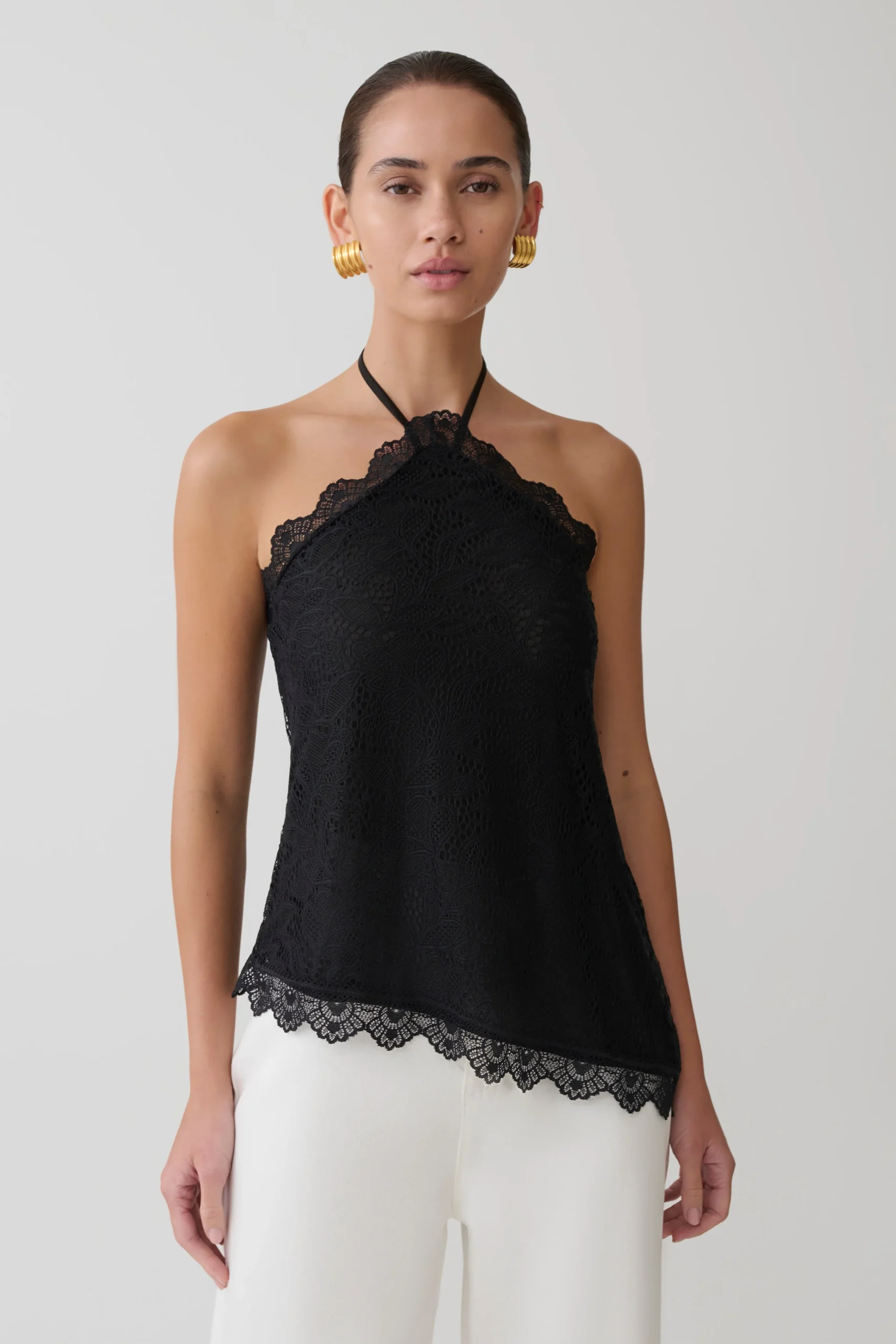 TheodosiaAsymmetric Lace Halter Top - Black