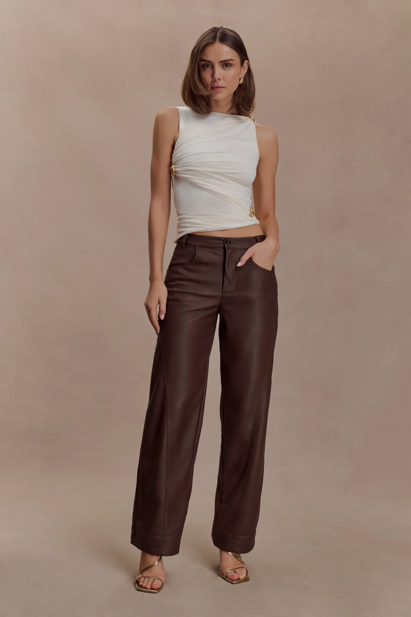 TheoFaux Leather Mid Rise Pants - Dark Chocolate