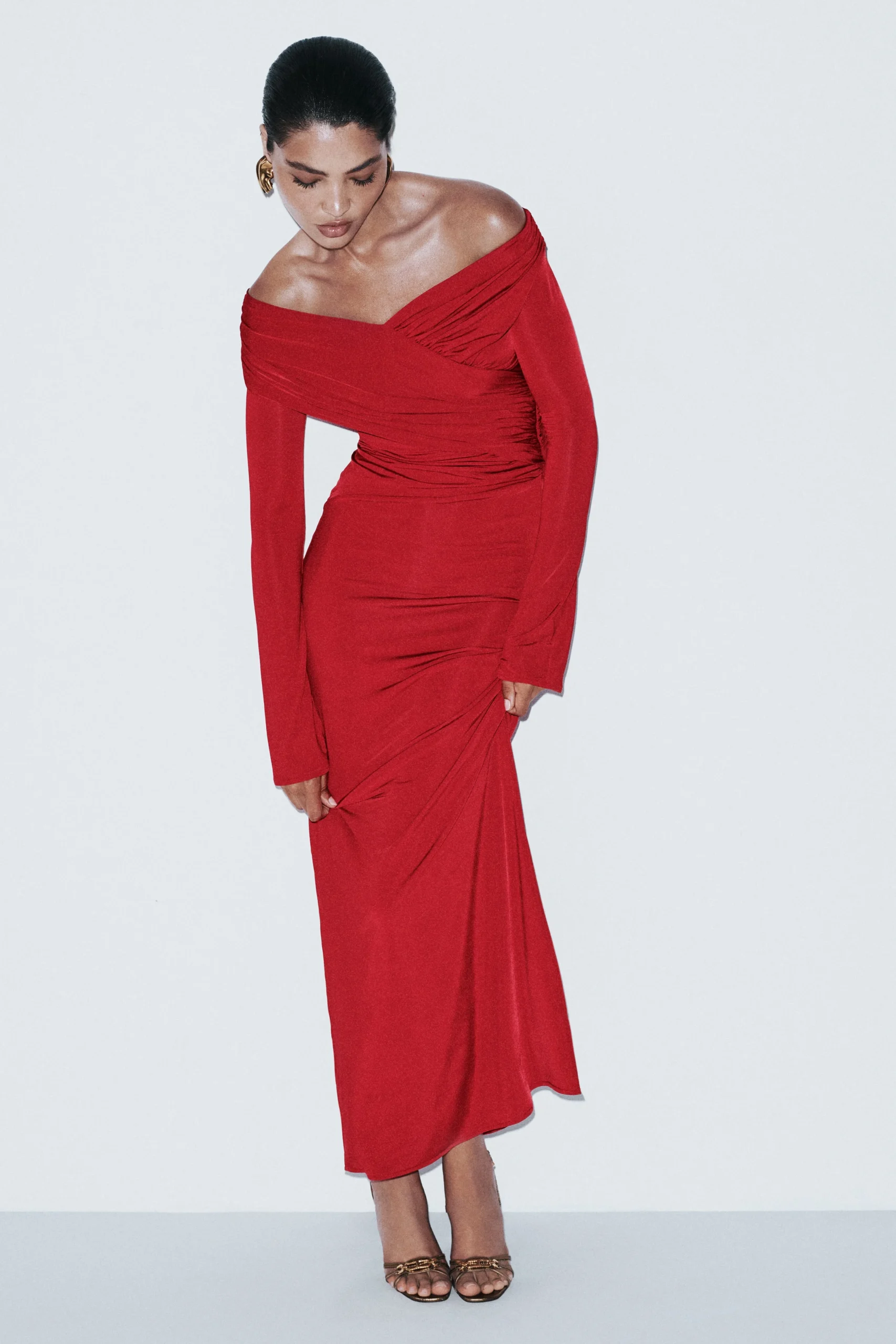 ThereseOff Shoulder Ruched Maxi Dress - Red
