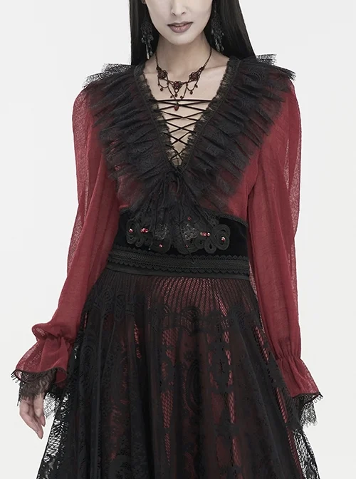 Thin Waist Plaid Stitching Layered Lace Red Gothic Long-Sleeved Shirt