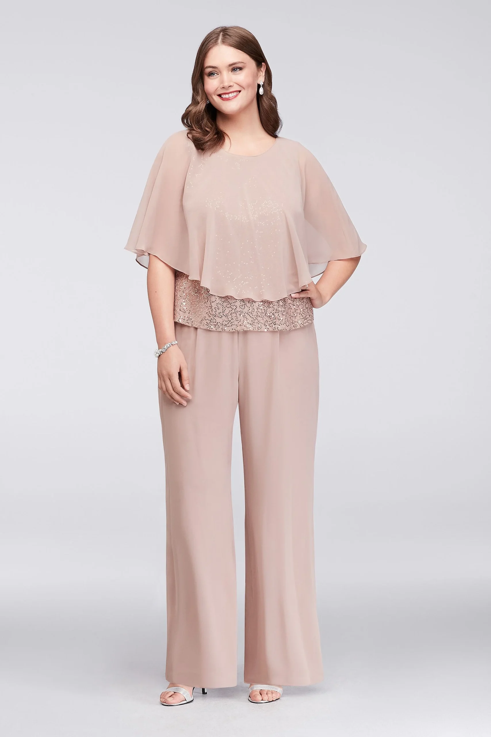 Three-Piece Lace and Chiffon Capelet Pantsuit