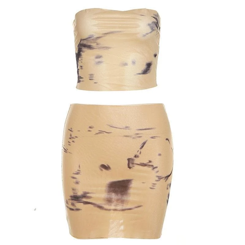 Tie dye contrast sheer mesh see through tube mini skirt set