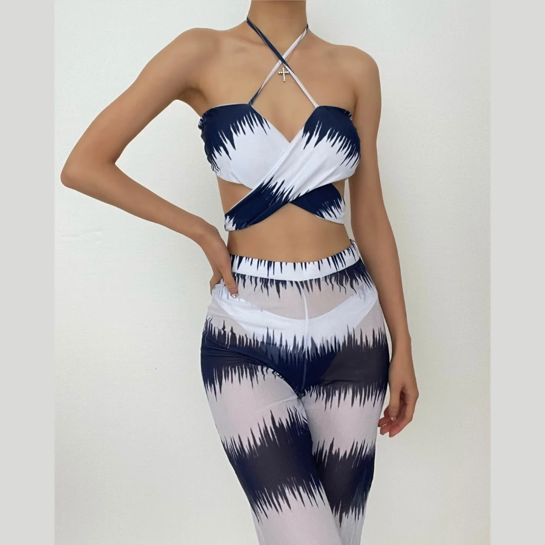 Tie dye mesh cross front halter hollow out backless 3 piece swimwear