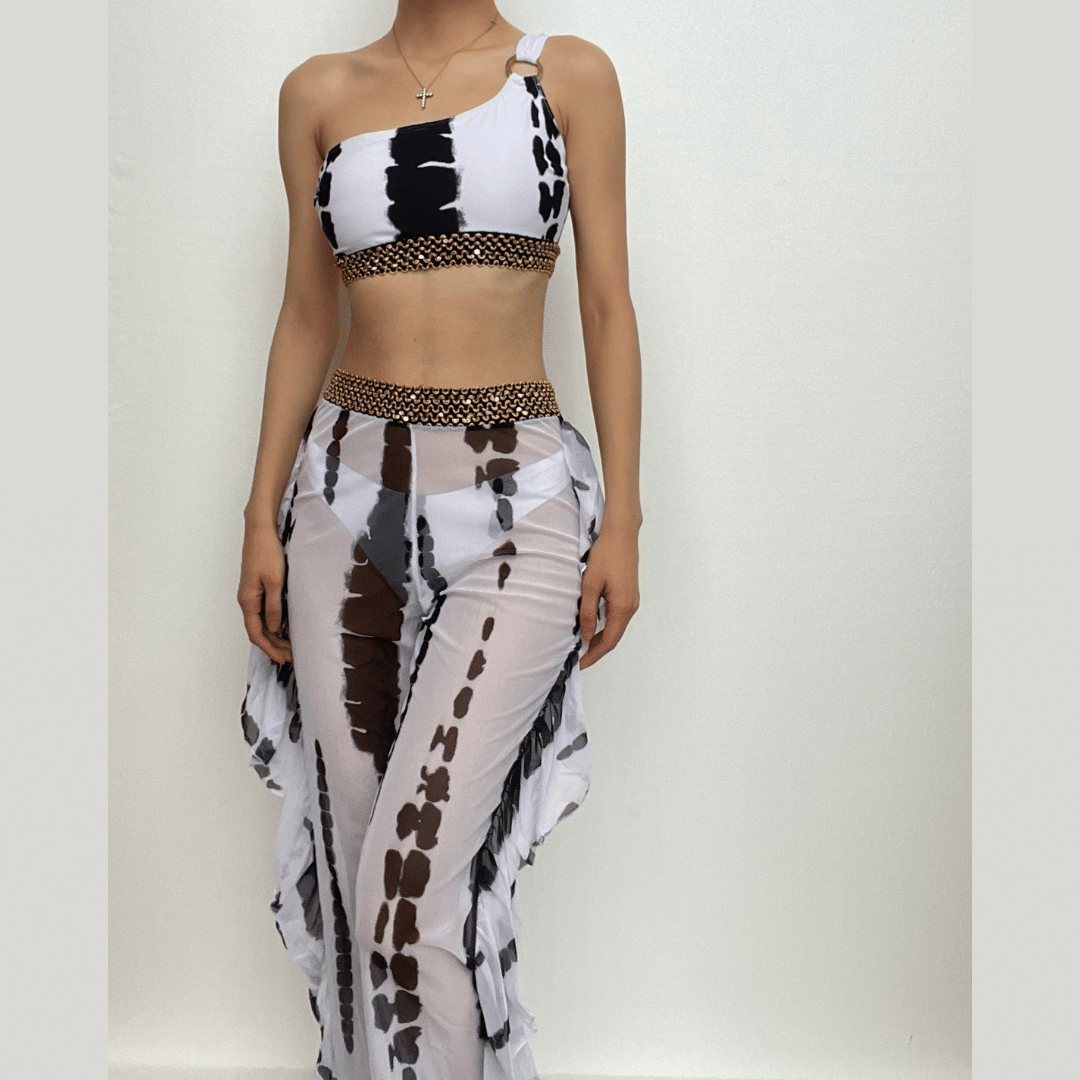 Tie dye ruffle padded one shoulder o ring contrast 3 piece swimwear