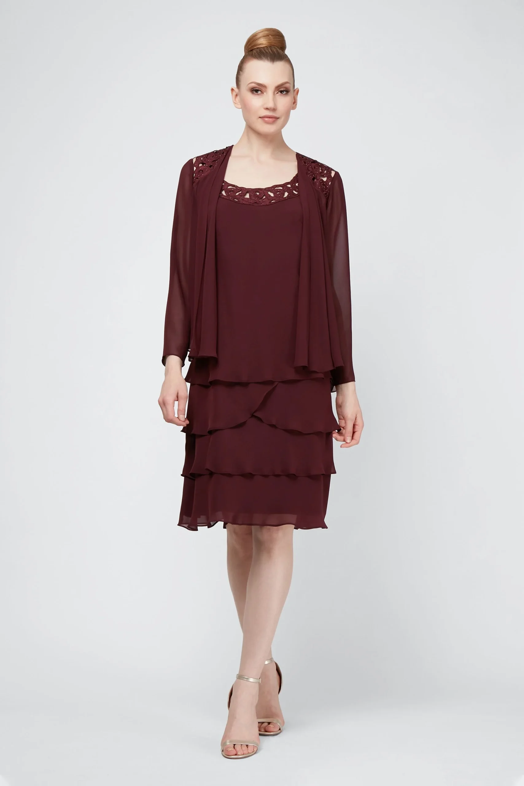 Tiered Chiffon Dress and Jacket with Satin Cutouts