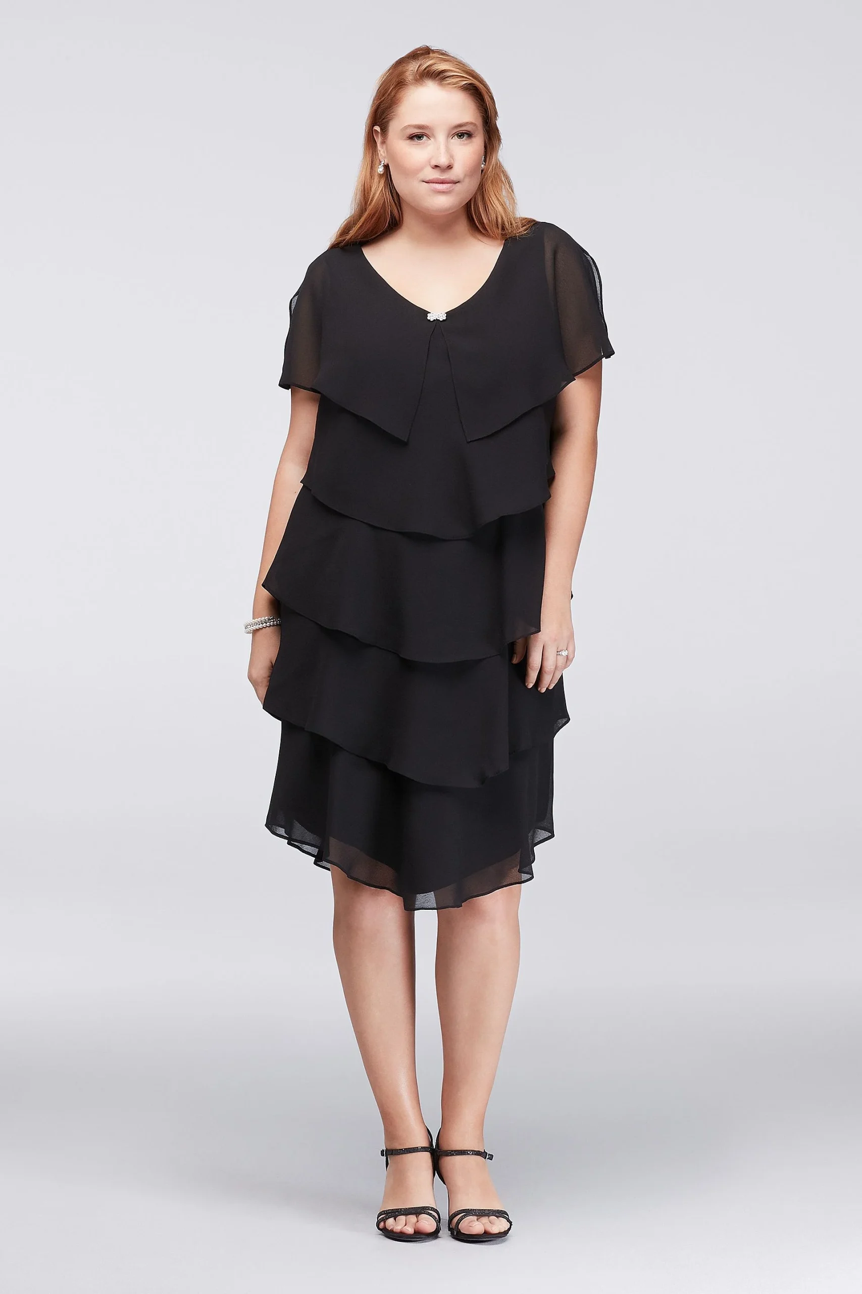 Tiered Georgette Plus Size Dress with Crystal Clip