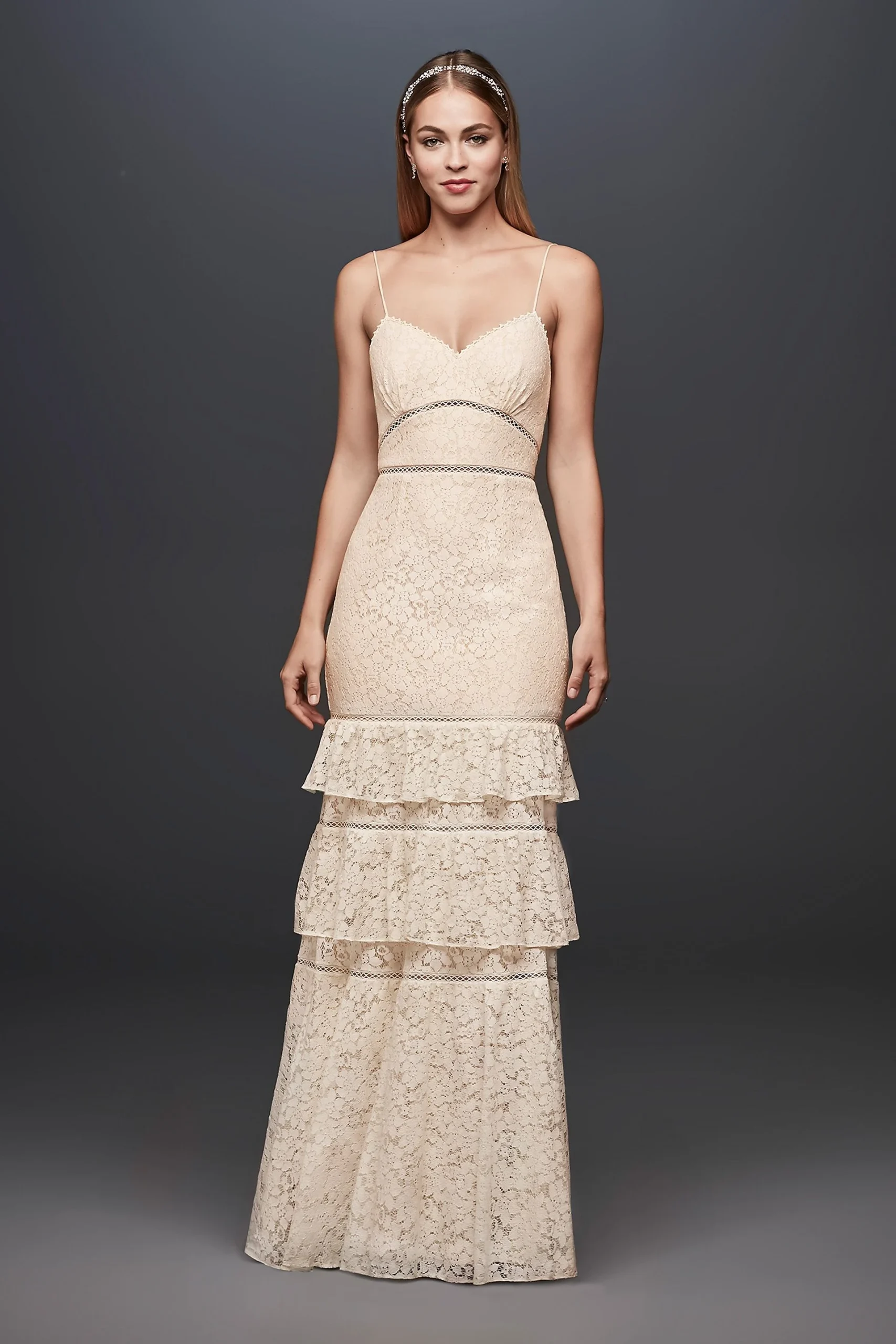 Tiered Lace Sheath Gown with Openwork Insets