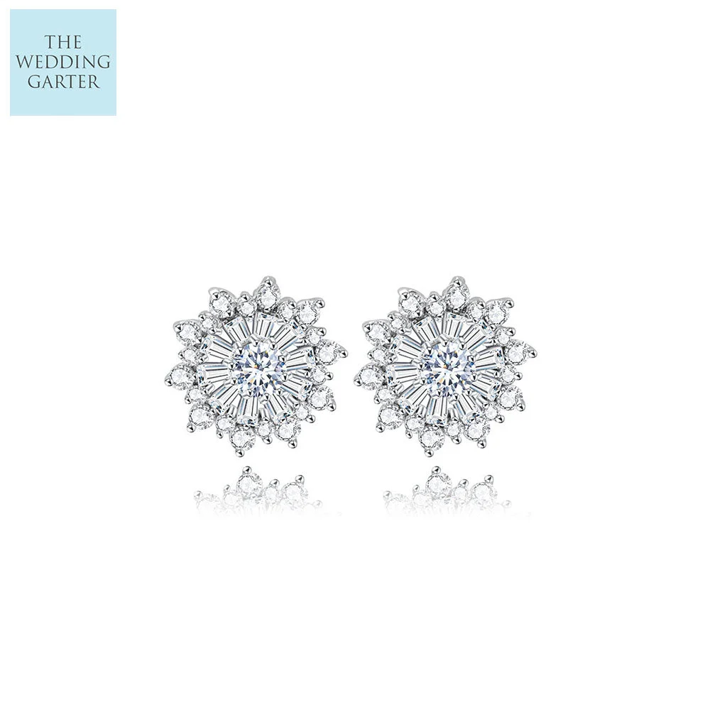 Tiffany Style Floral Design CZ Diamond Stud Earrings