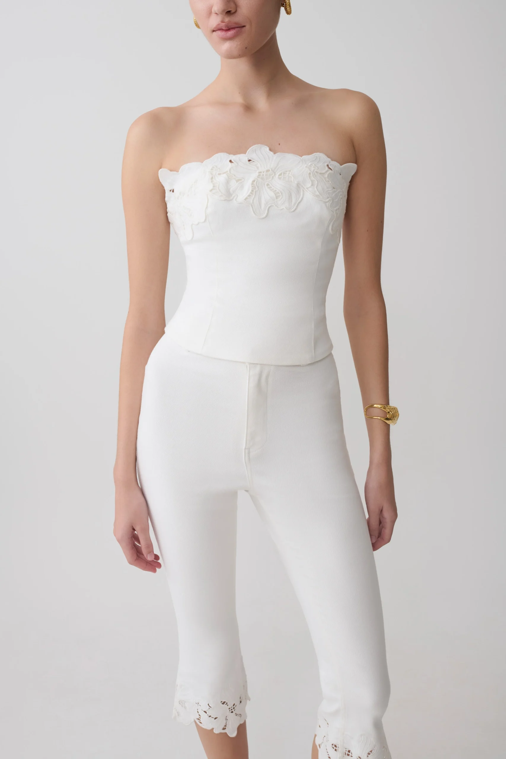 TillieFlower Embroidery Strapless Denim Top - White