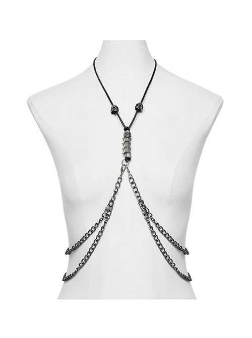 Tin Alloy Draped Chest Skull Spine Beads Decorated Punk Style Retro Adjustable Necklace