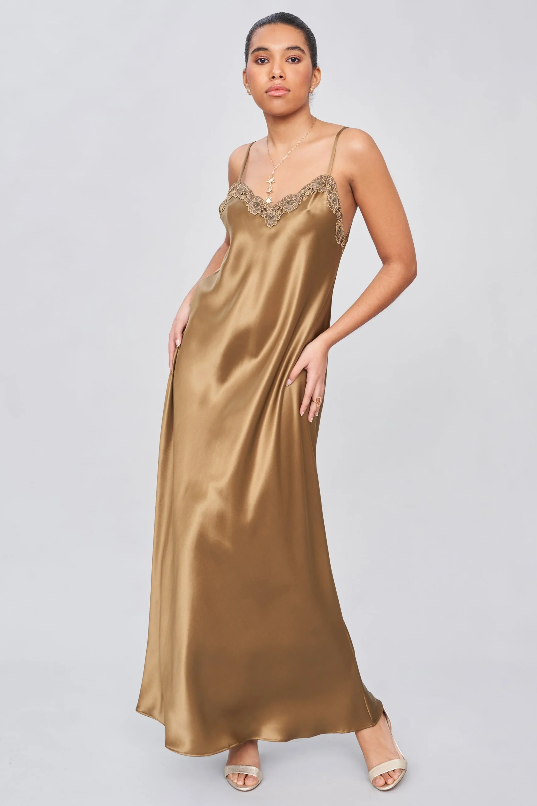 Tonal Lace Silk Satin Long Nightgown