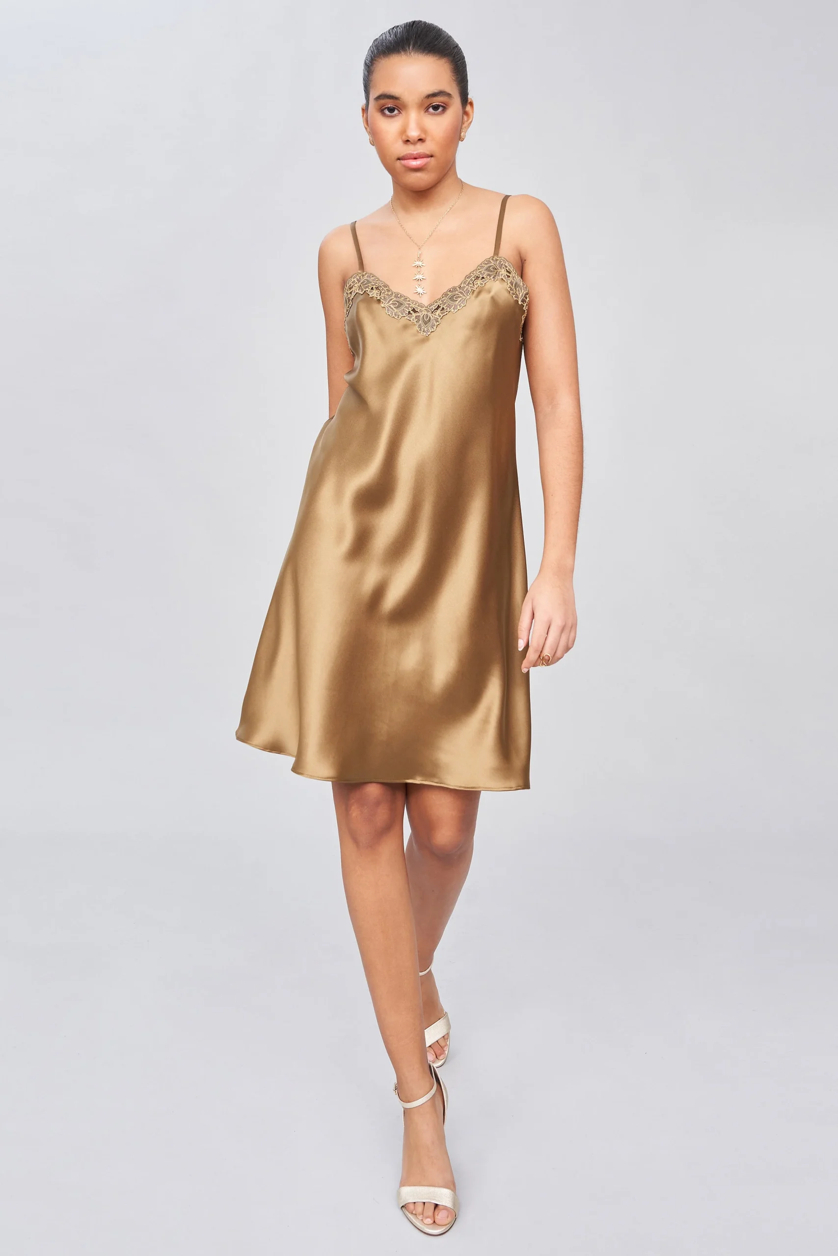 Tonal Lace Silk Satin Short Nightgown