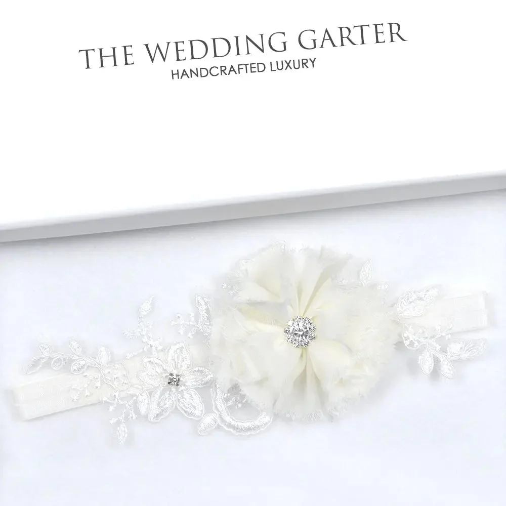 Trinity Delicate Ivory Floral Lace & Rhinestone Bridal Garter
