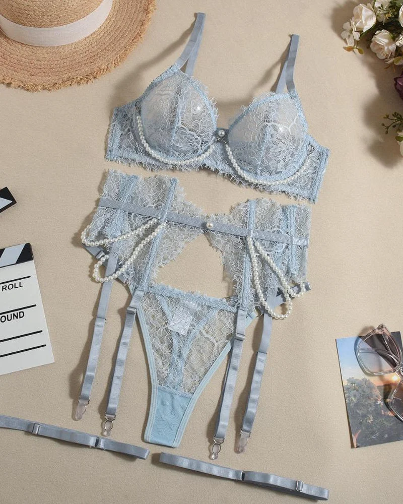 True Love – Pale Blue Pearl & Eyelash Lace Lingerie Set