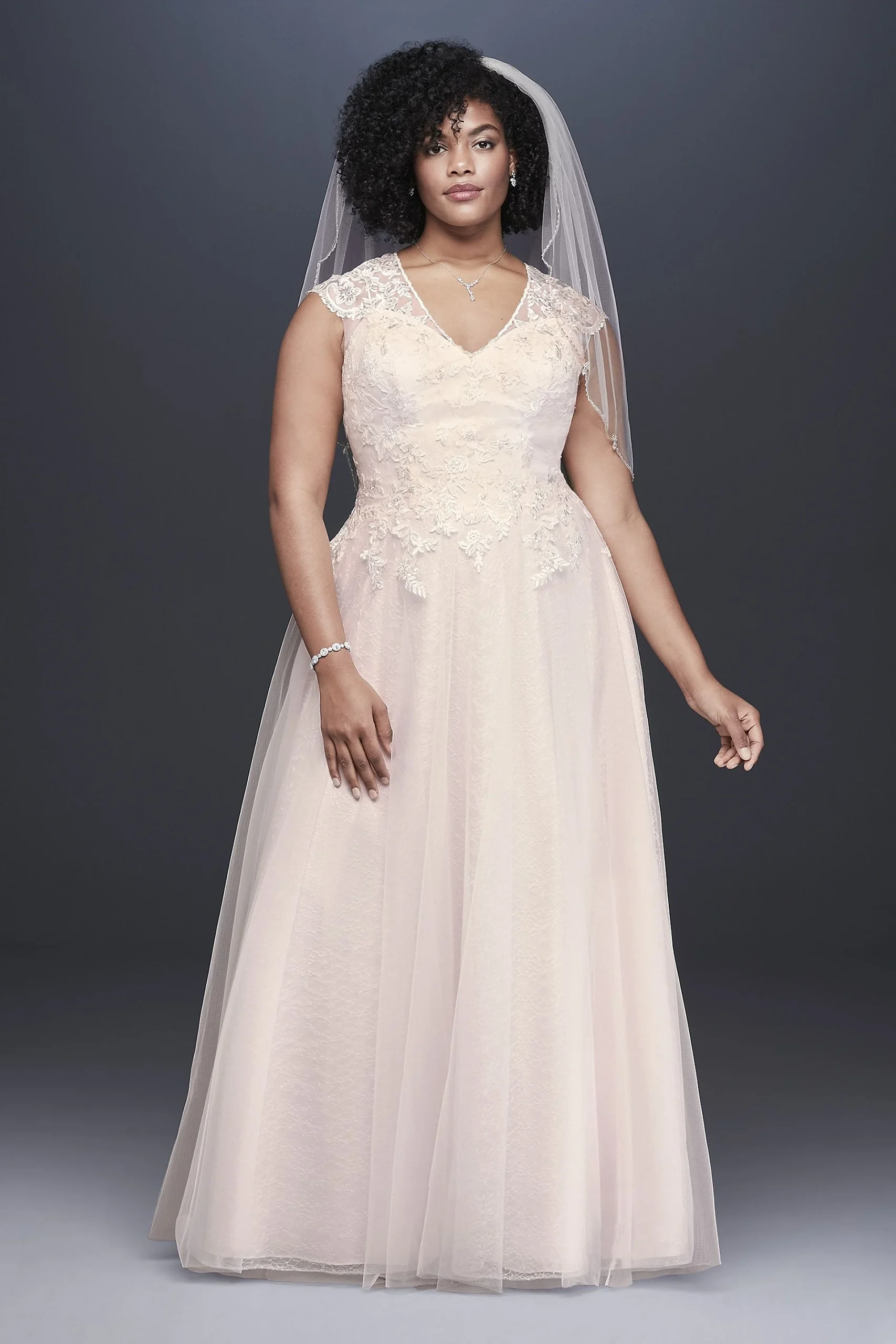 Tulle-Over-Lace V-Neck A-Line Wedding Dress