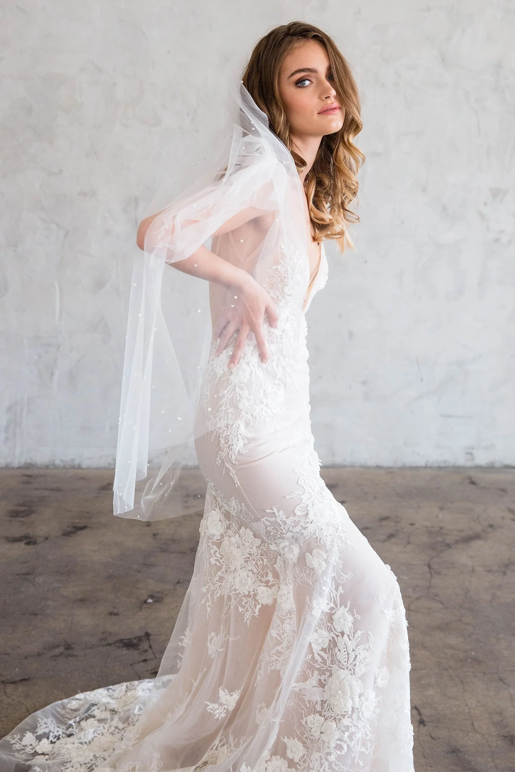 Tulle Pearl-Adorned Fingertip Veil