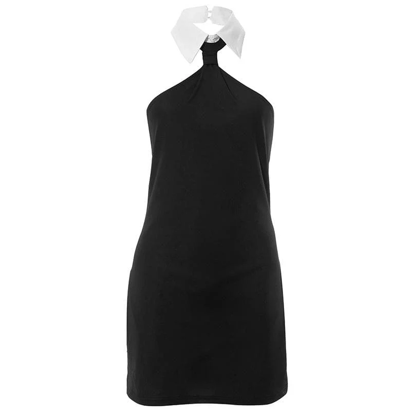 Turnover collar halter contrast button backless mini dress