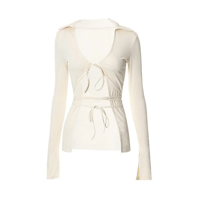 Turnover collar solid long sleeve self tie v neck crop top