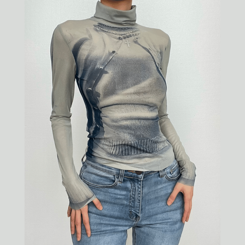 Turtle neck contrast print long sleeve sheer mesh top