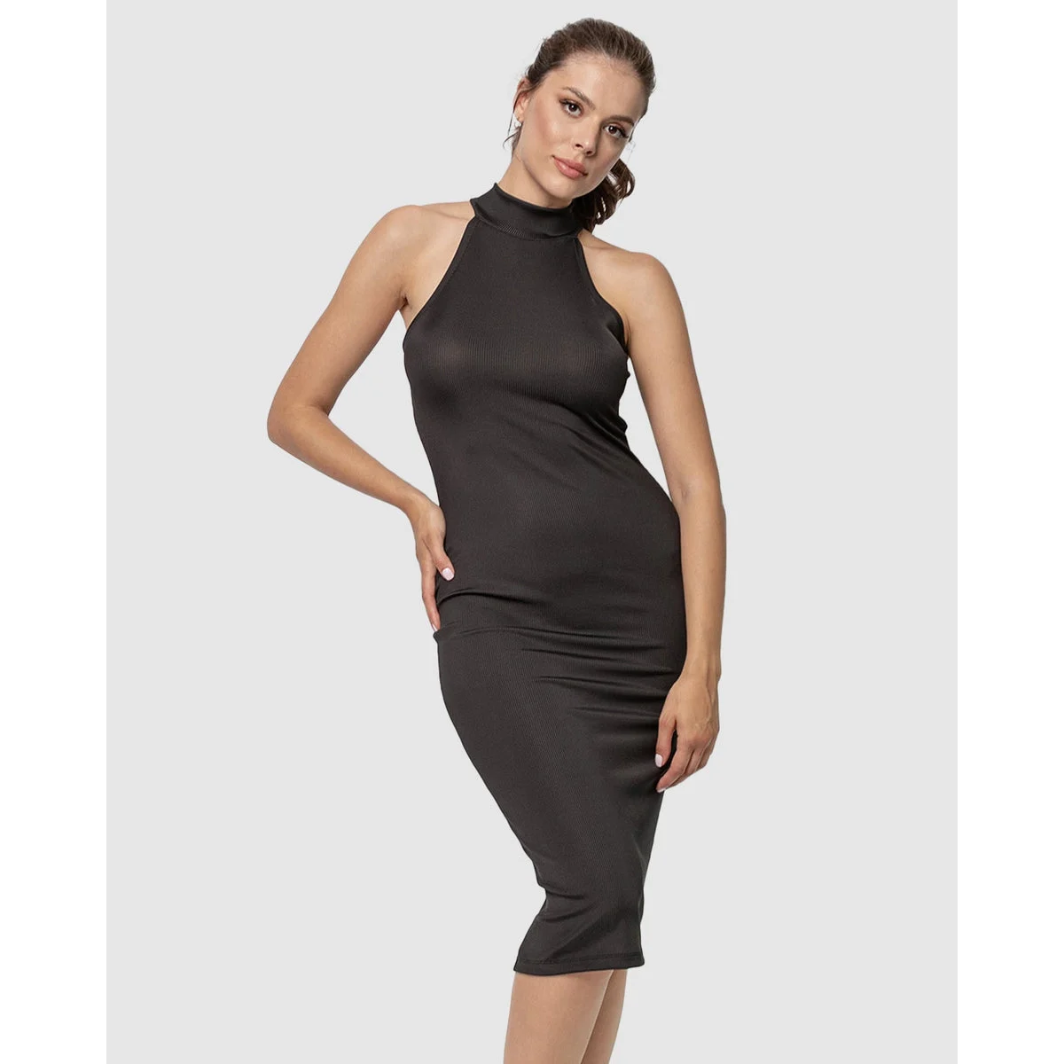 Turtle Neck Sleeveless Casual Ribbed Midi Dress