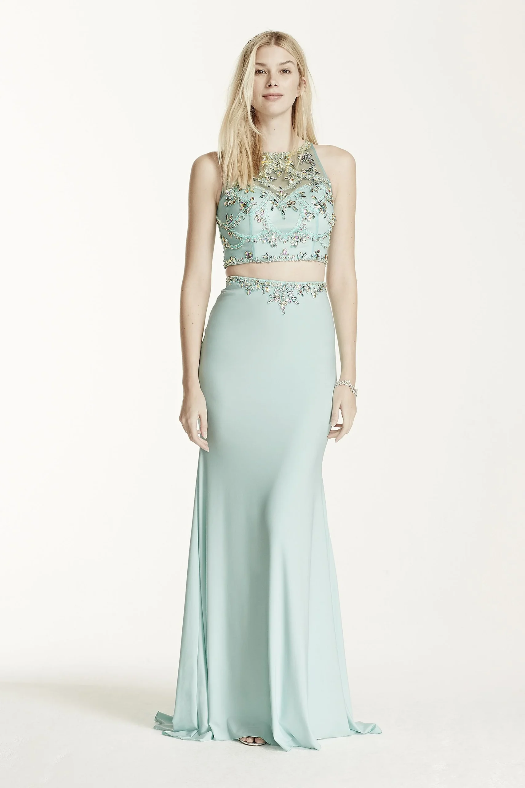 Two Piece Crystal Embellished Halter Jersey Dress