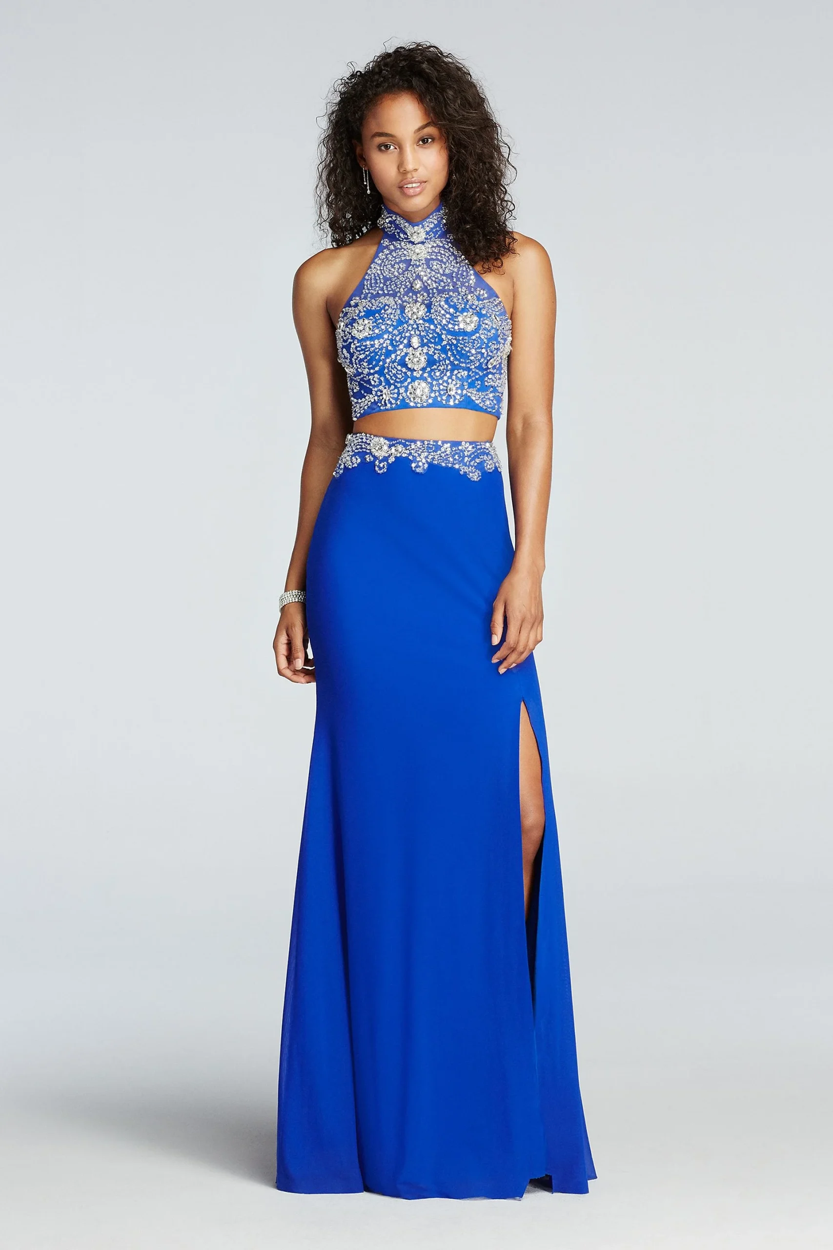 Two Piece Crystal Halter Prom Crop Top with Skirt