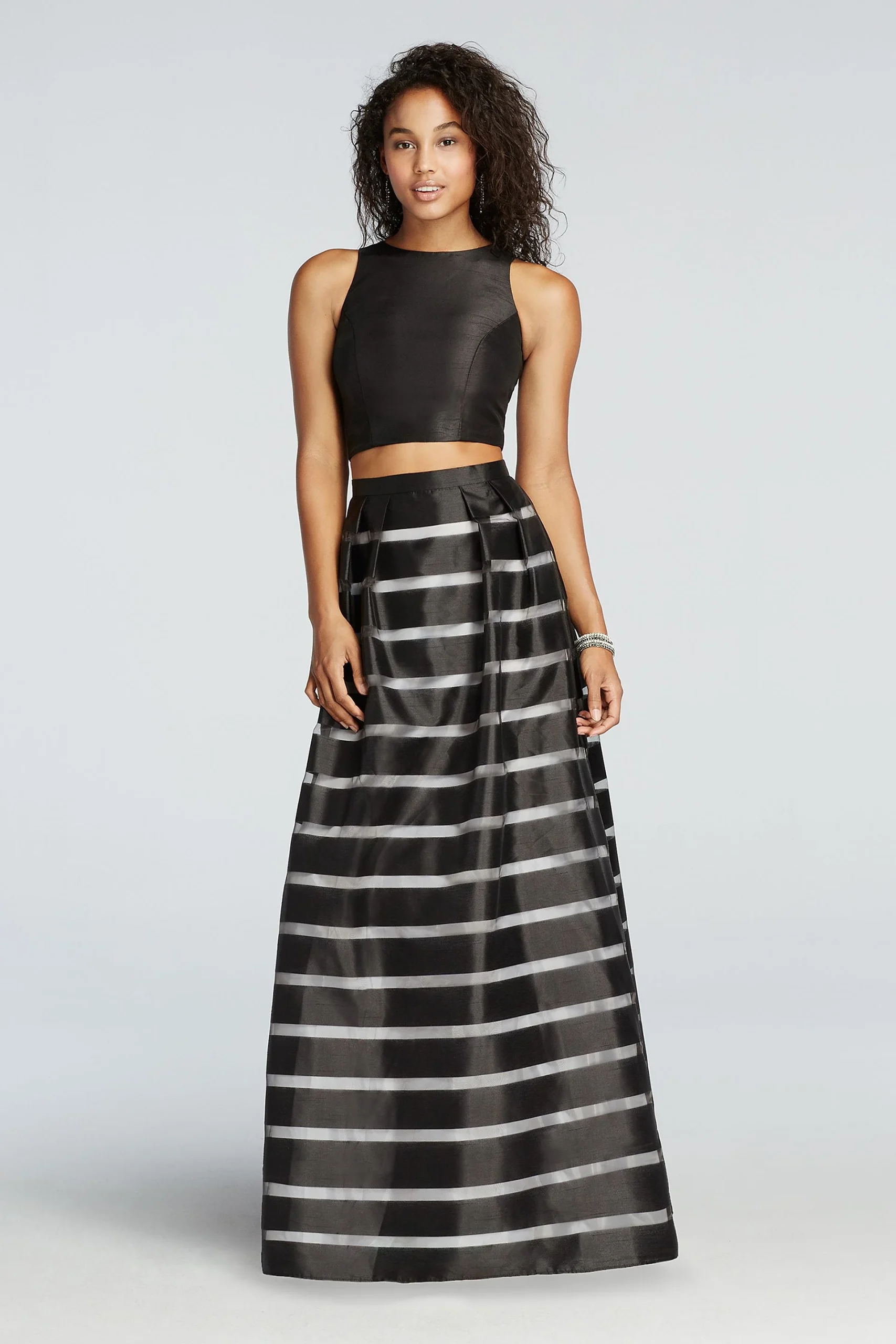 Two Piece Prom Crop Top with Striped Satin Skirt