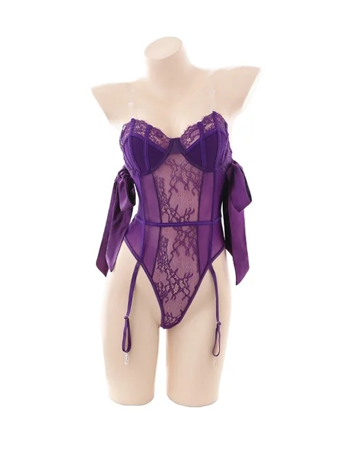 Underwire Push-Up See-Through Open Crotch Jumpsuit Satin Lace-Up Backless Sexy Lingerie Set