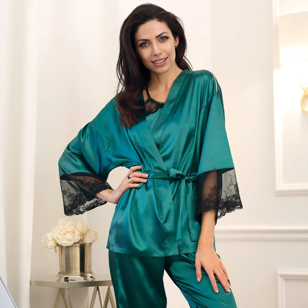 Unikat Harper Elegant Satin Bathrobe Green Nightwear