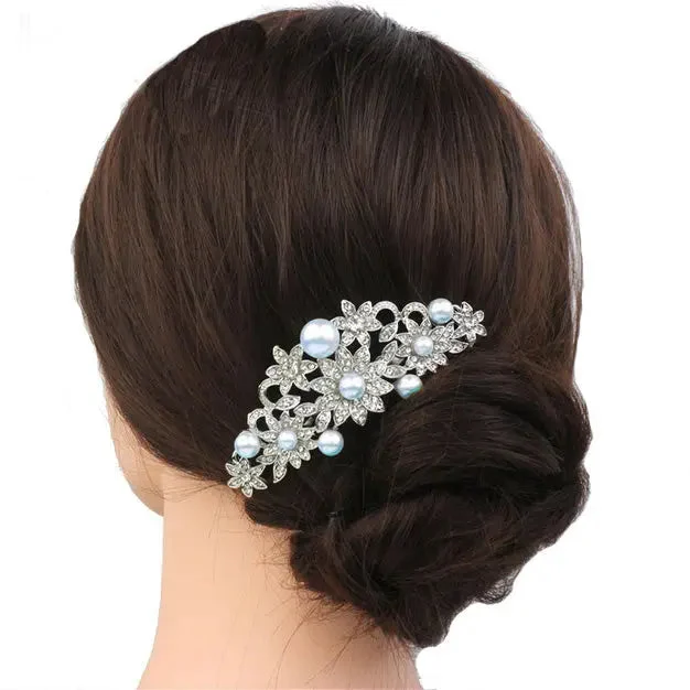 Unique Baby Blue Pearl & Crystal Rhinestone Wedding Headpiece