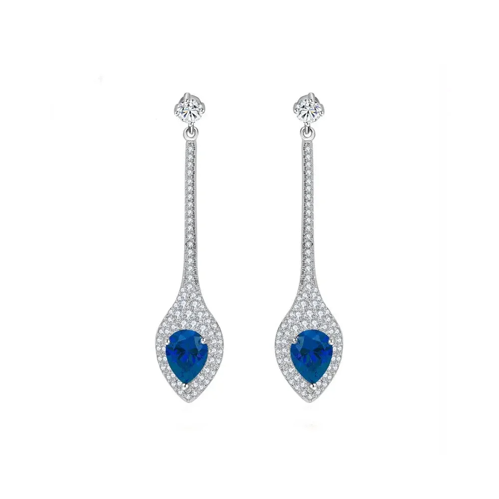 Unique Blue CZ Diamond Drop Pave Bridal Earrings