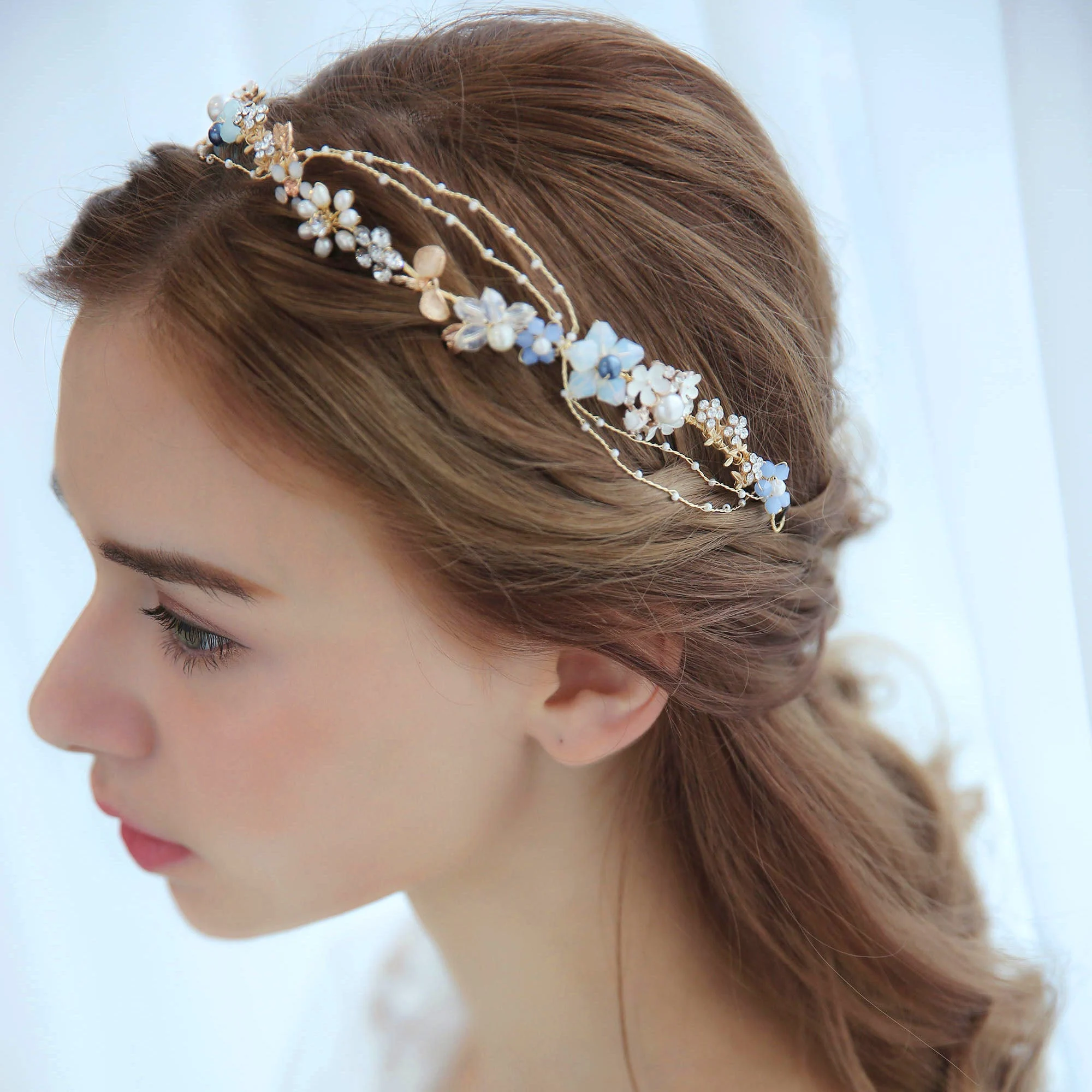 Unique Blue & Gold Crystal With Pearl Headpiece
