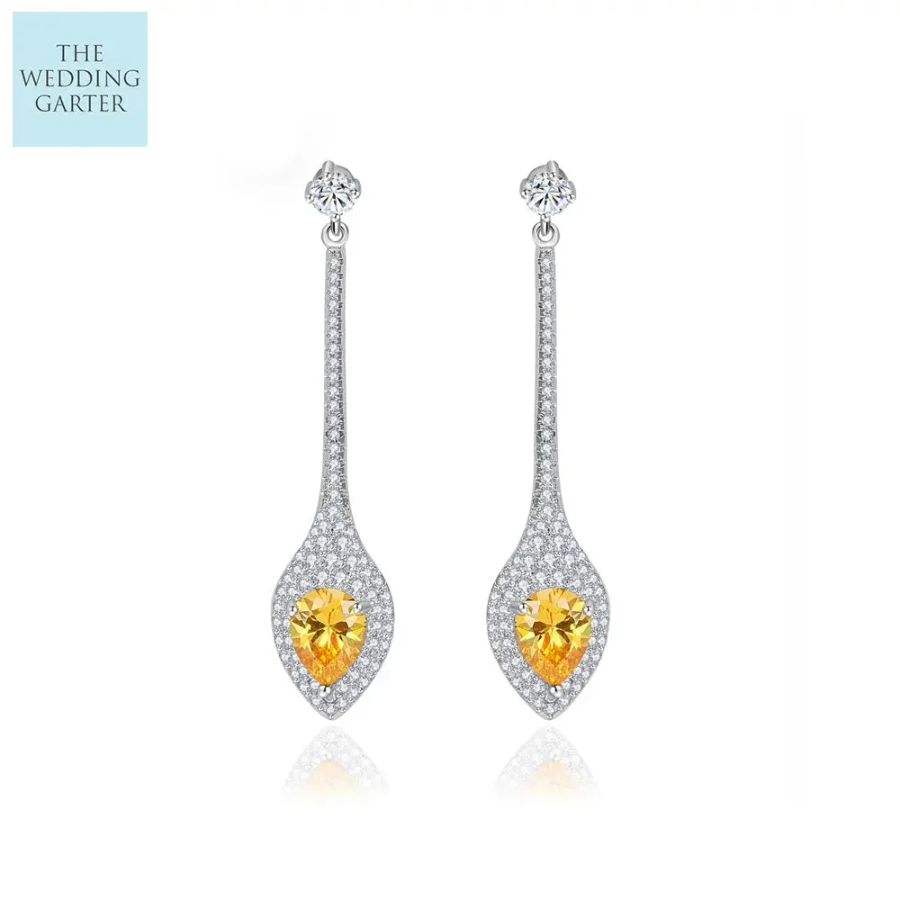 Unique Canary Yellow CZ Diamond Drop Pave Event Earrings