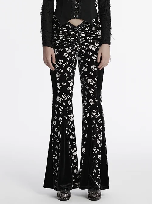 Unique Dark Personality Skull Print Sexy Waist Strap Design Slim Fit Gothic Style Flared Pants