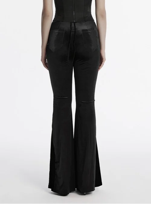 Unique Elegant Black Velvet Gradient Print Patchwork Design Sexy Waist Straps Pleated Gothic Flared Pants