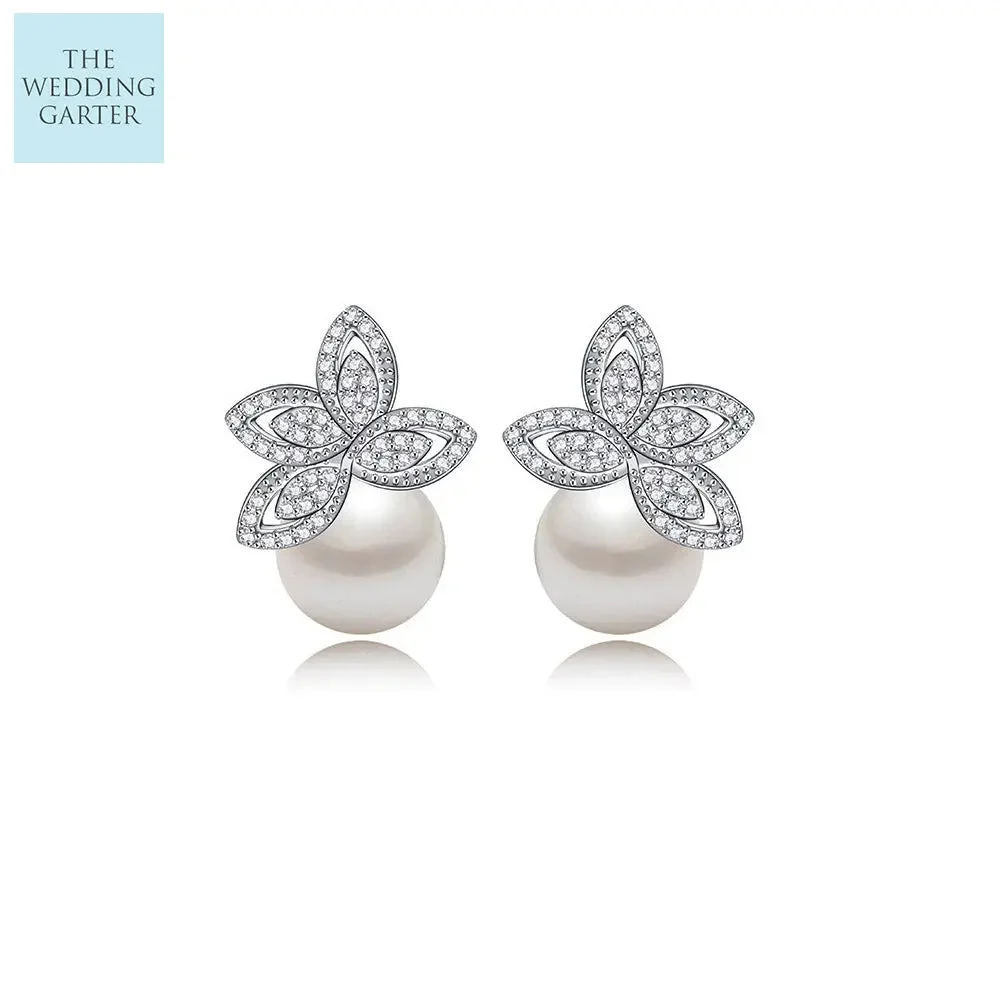 Unique Pearl & CZ Diamond Stud Wedding Earrings