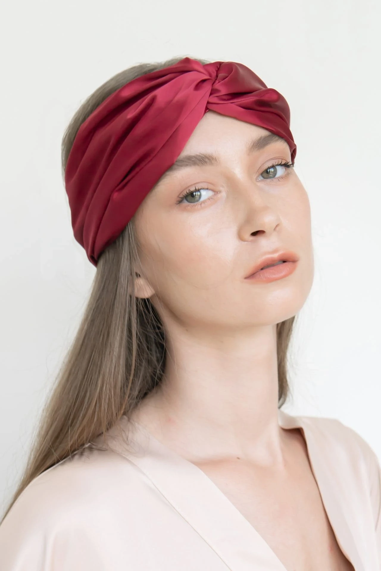 Upcycled Silky Satin Headband with Twist in Burgundy